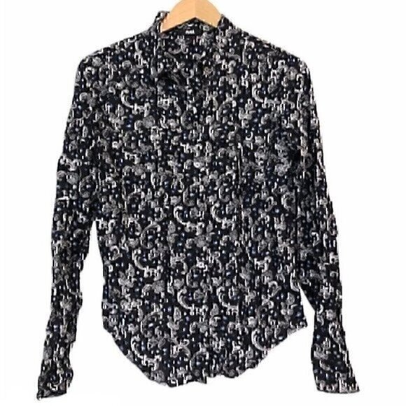 PAIGE Black Blue White Paisley Print Long Sleeve Lightweight Rayon Button Down - Picture 2 of 7